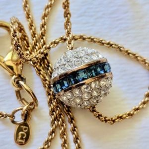 necklace 16" chain gold blue clear stones charm